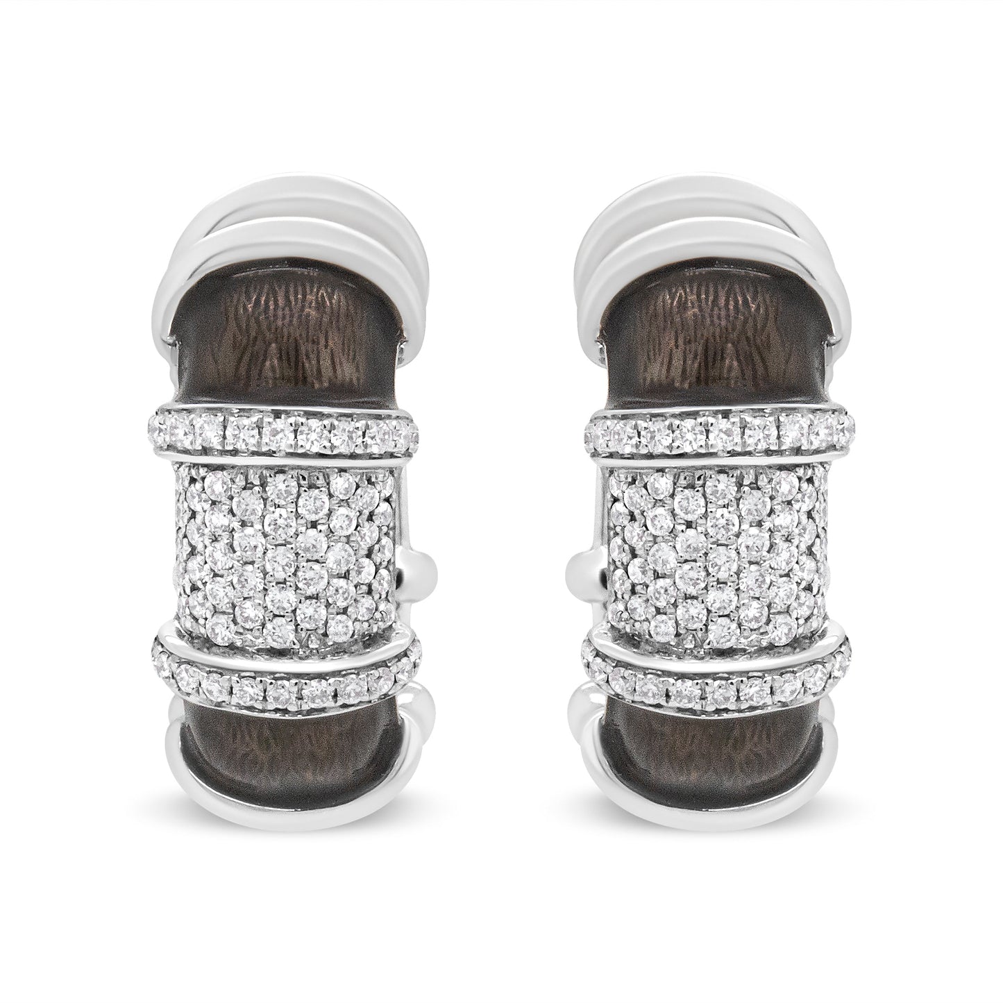 Pendientes de aro Huggie de plata de ley .925 con baño de oro blanco de 18 quilates, esmalte gris grafito transparente y diamantes redondos de 5/8 Cttw (color F-G, claridad VS1-VS2)