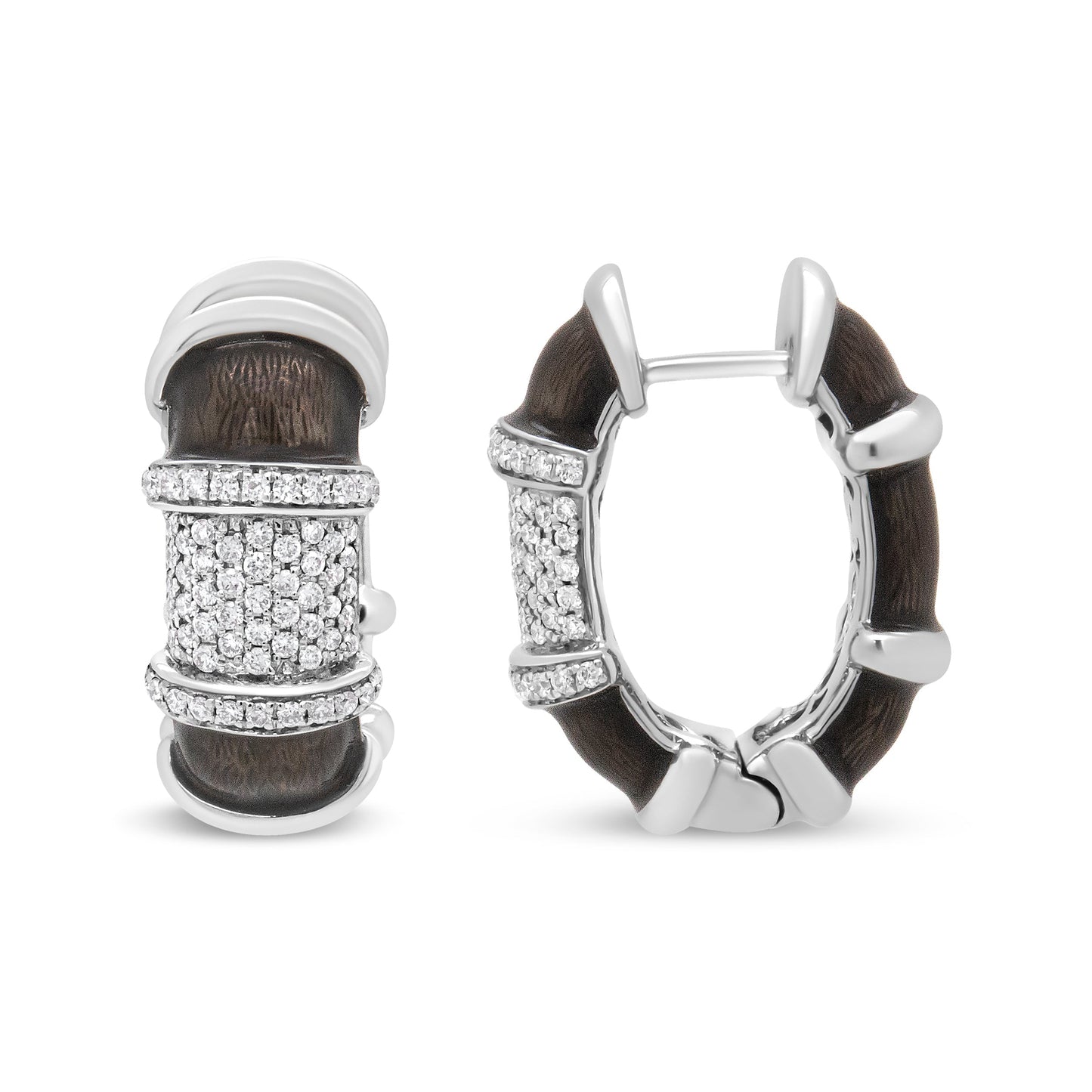 Pendientes de aro Huggie de plata de ley .925 con baño de oro blanco de 18 quilates, esmalte gris grafito transparente y diamantes redondos de 5/8 Cttw (color F-G, claridad VS1-VS2)
