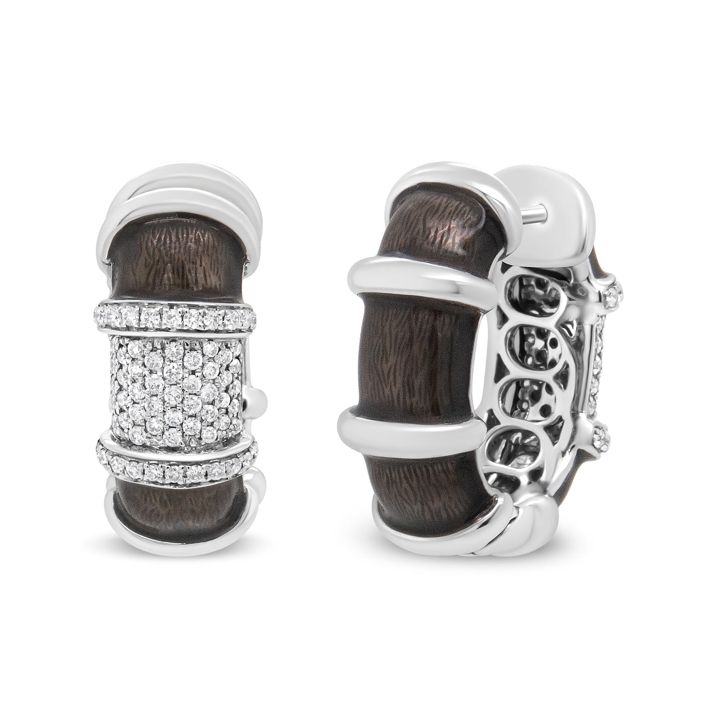 Pendientes de aro Huggie de plata de ley .925 con baño de oro blanco de 18 quilates, esmalte gris grafito transparente y diamantes redondos de 5/8 Cttw (color F-G, claridad VS1-VS2)