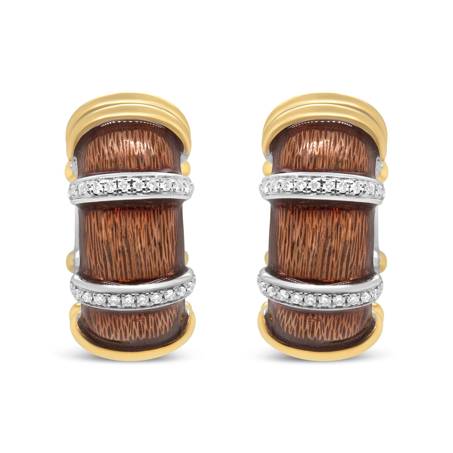 Pendientes de aro Huggie de plata de ley .925 con baño de oro amarillo y blanco de 18 quilates, esmalte marrón transparente y diamantes redondos de 9/10 Cttw (color F-G, claridad VS1-VS2)