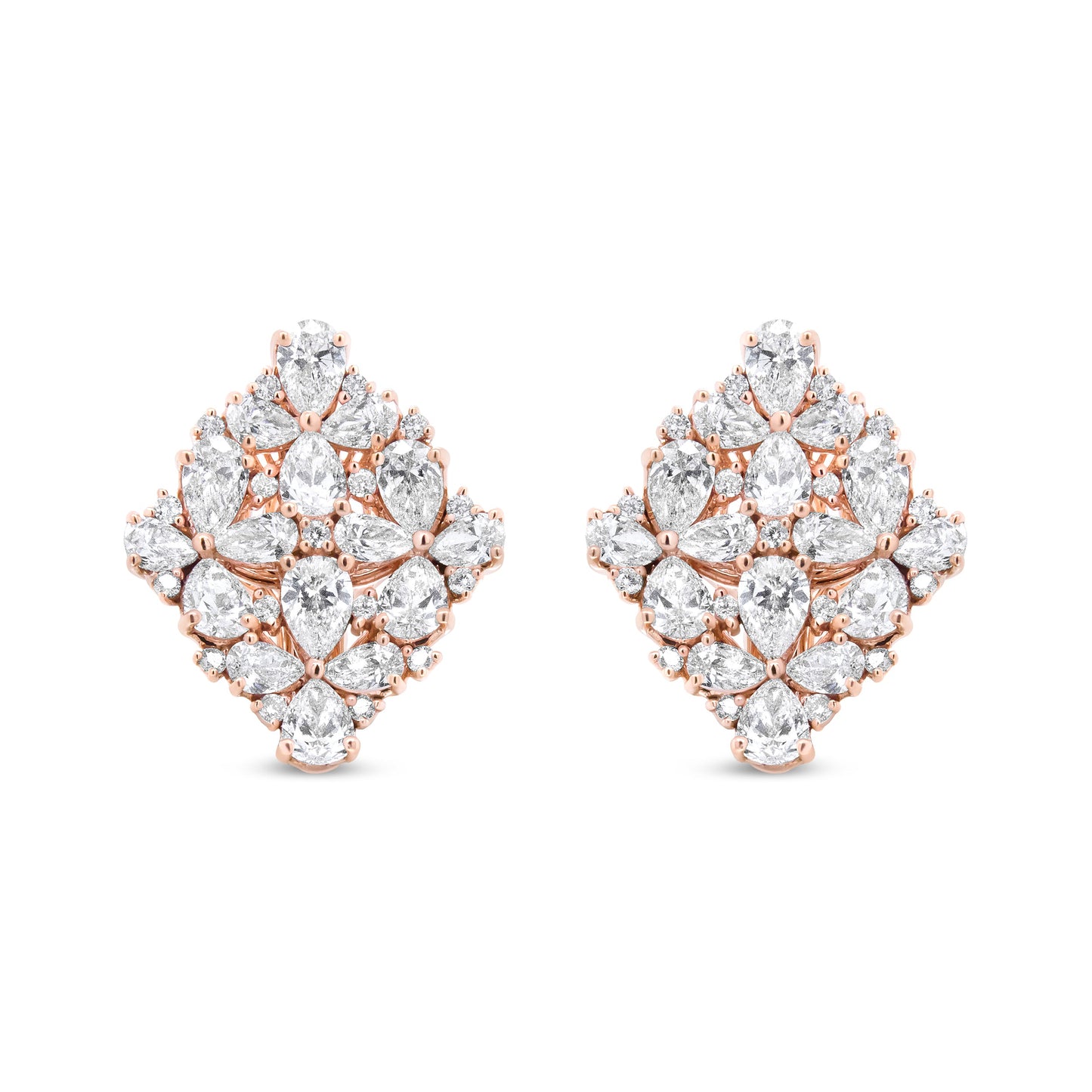 Pendientes Omega de racimo floral de perlas y diamantes redondos de oro rosa de 18 quilates y 8 1/3 Cttw (color F-G, claridad VS1-VS2)