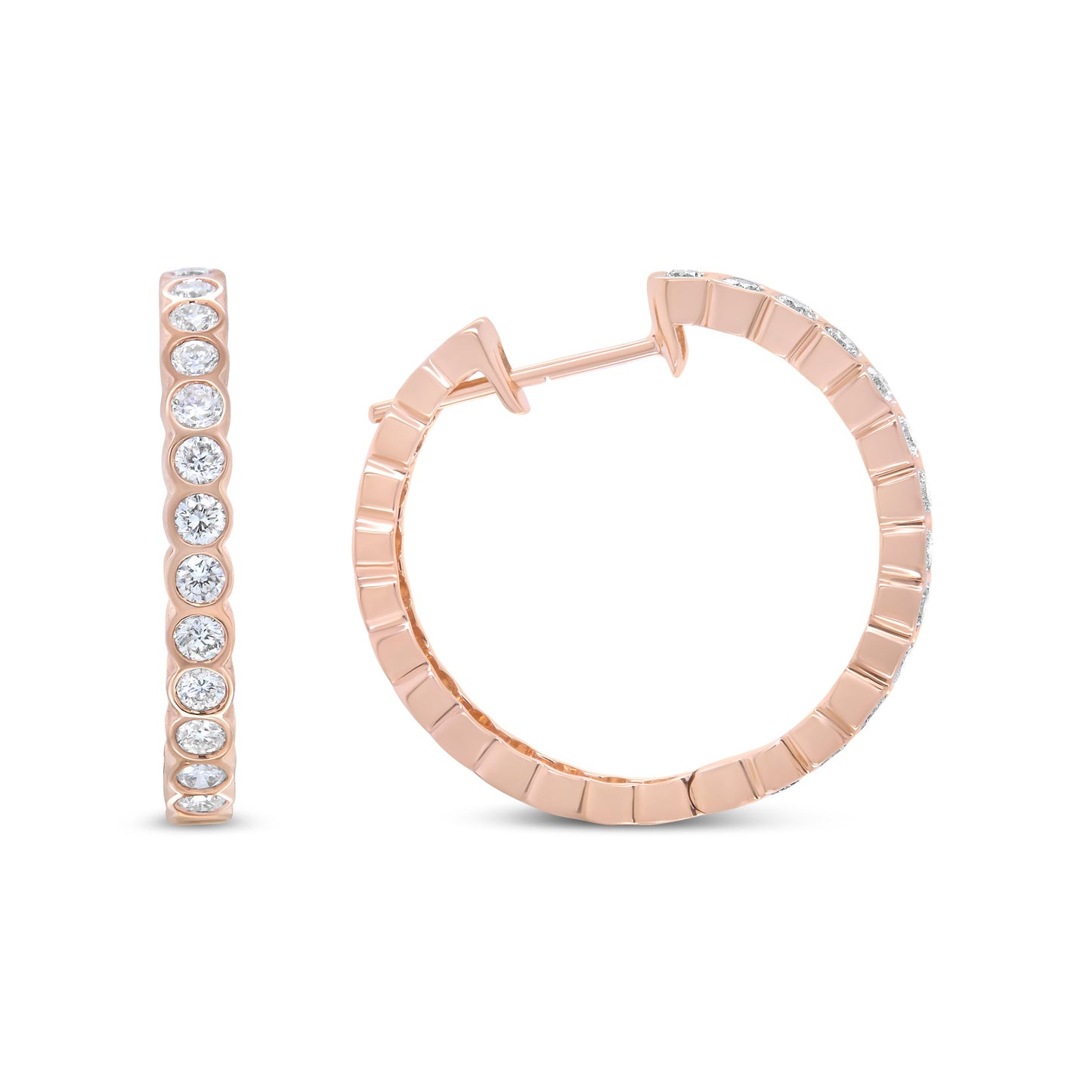 Pendientes de aro de oro rosa de 18K con diamantes redondos de 1 quilate engastados en bisel (color F-G, claridad VS1-VS2)