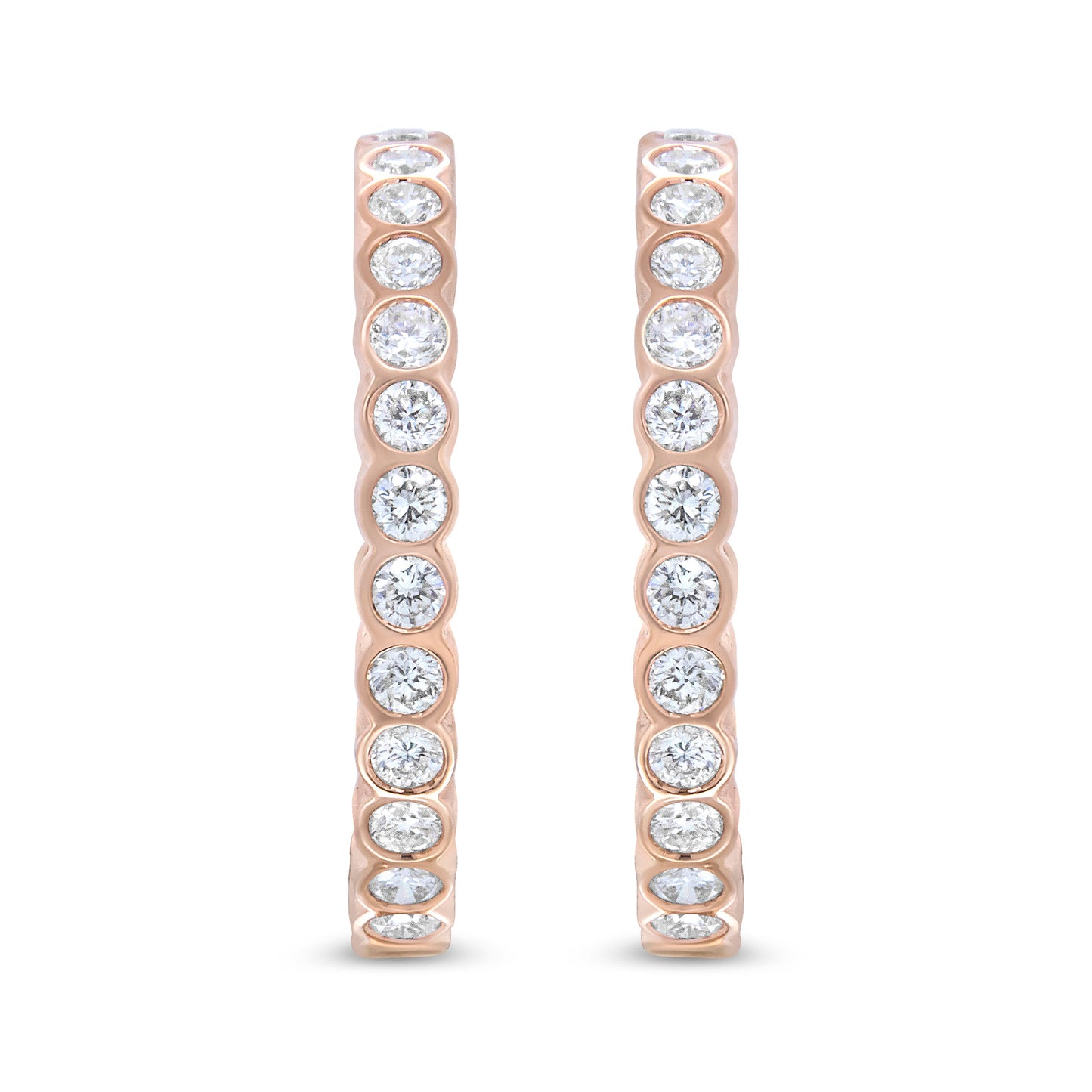 Pendientes de aro de oro rosa de 18K con diamantes redondos de 1 quilate engastados en bisel (color F-G, claridad VS1-VS2)