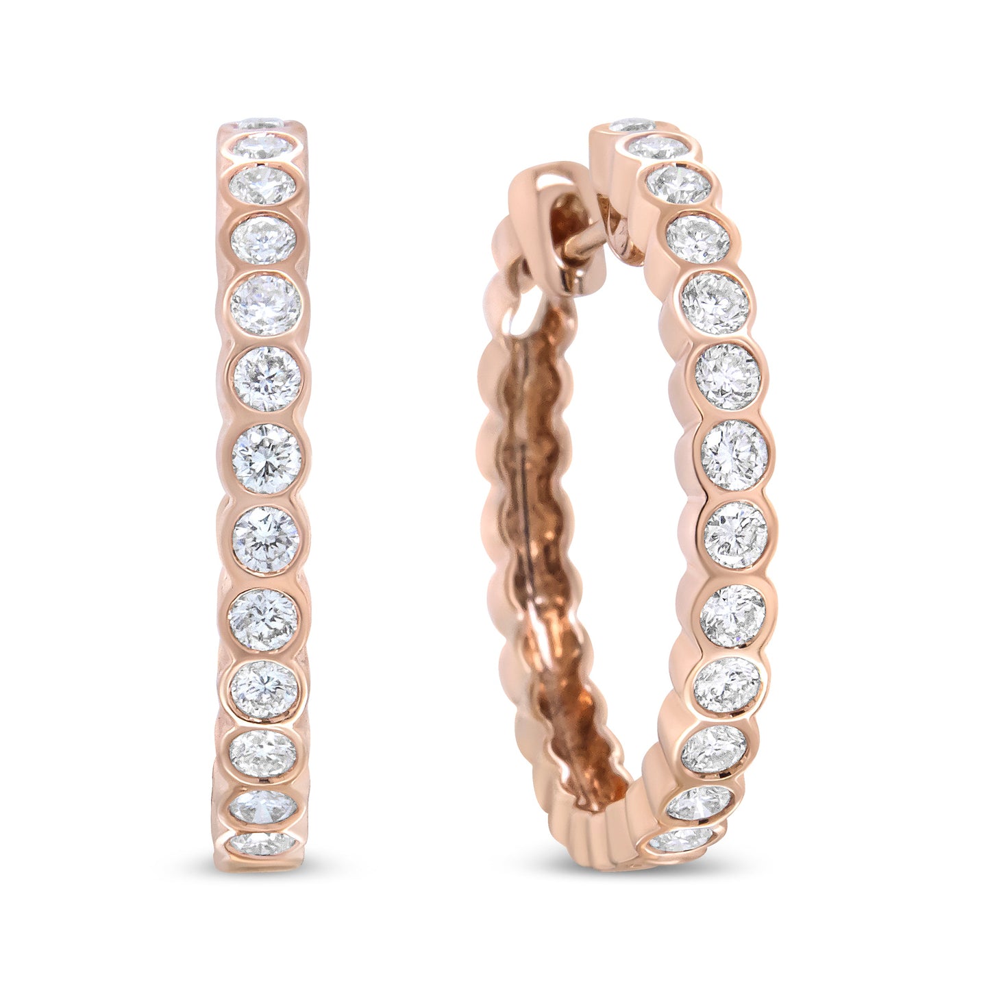 Pendientes de aro de oro rosa de 18K con diamantes redondos de 1 quilate engastados en bisel (color F-G, claridad VS1-VS2)