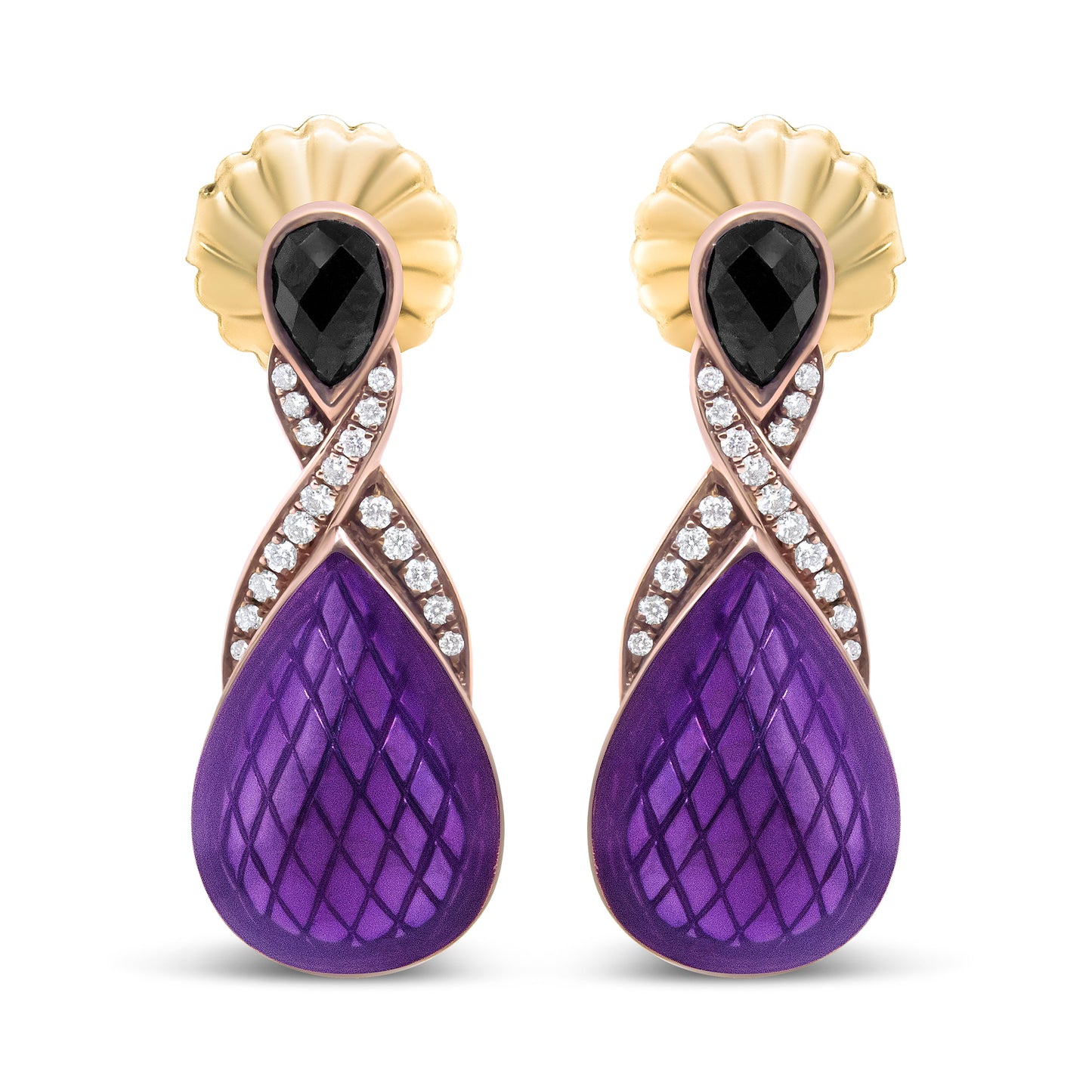 Pendientes colgantes de ónix negro en forma de pera de 5,5 x 4 mm y diamantes redondos pavé de 1/5 ct engastados con esmalte morado de plata de ley .925 chapado en oro rosa de 18 quilates (color F-G, claridad VS1-VS2)