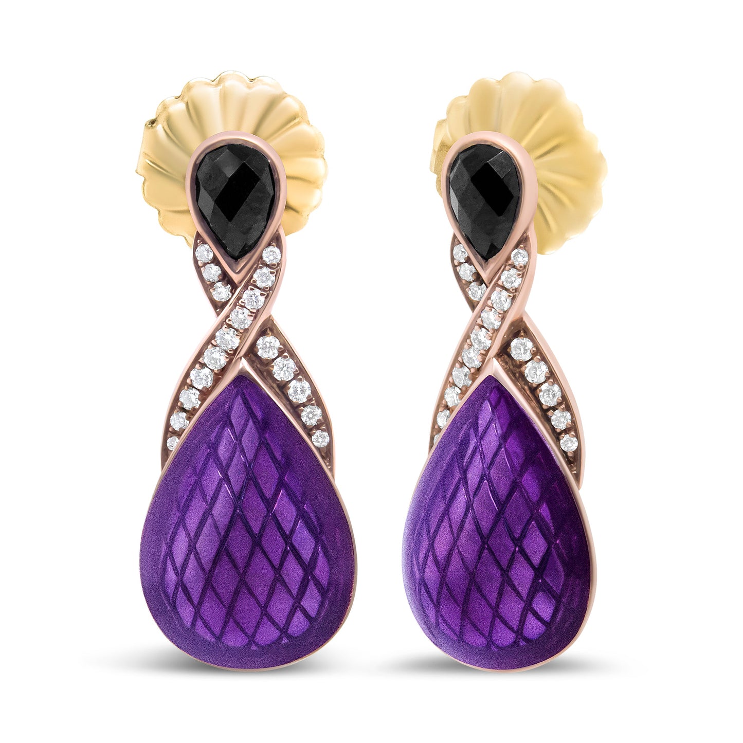 Pendientes colgantes de ónix negro en forma de pera de 5,5 x 4 mm y diamantes redondos pavé de 1/5 ct engastados con esmalte morado de plata de ley .925 chapado en oro rosa de 18 quilates (color F-G, claridad VS1-VS2)