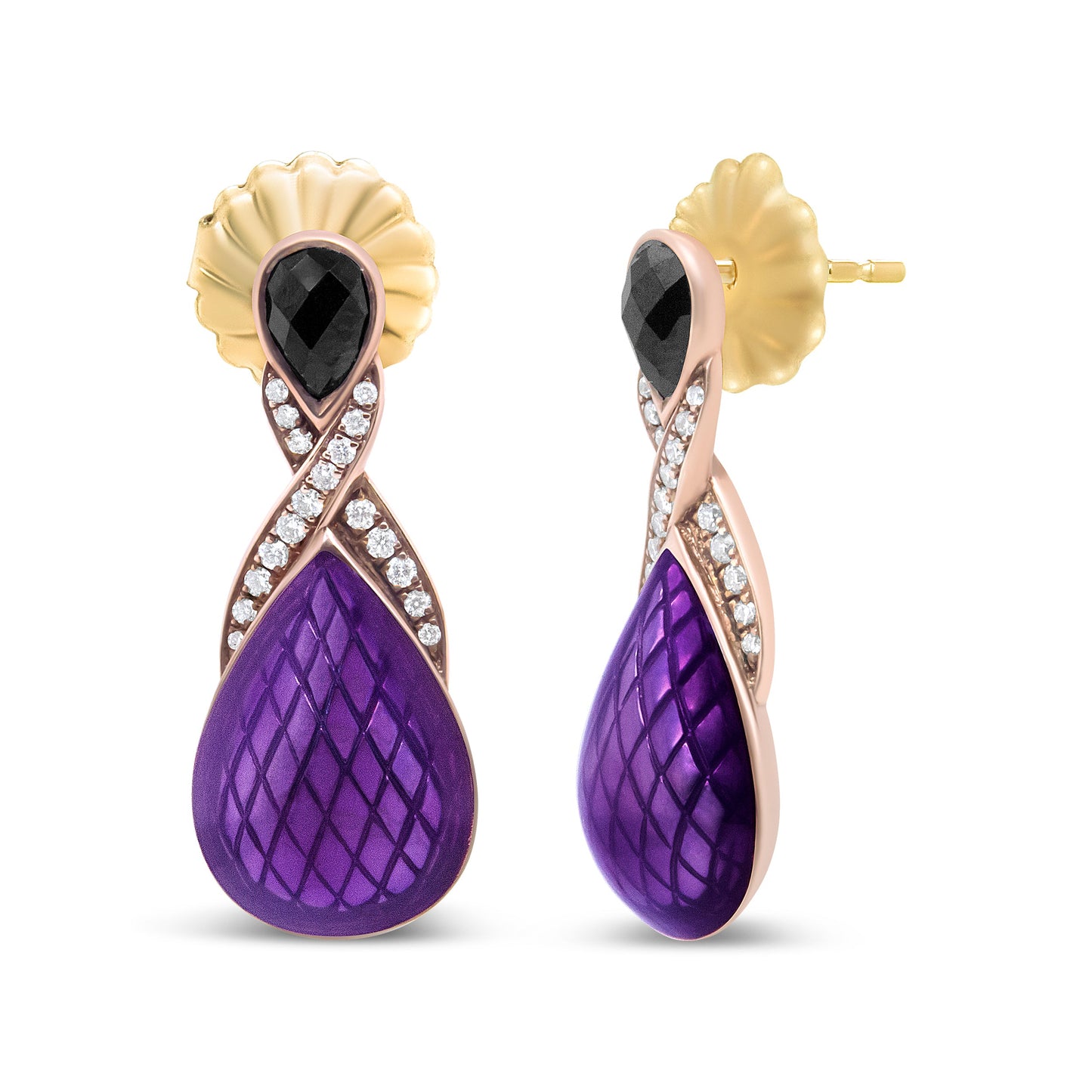 Pendientes colgantes de ónix negro en forma de pera de 5,5 x 4 mm y diamantes redondos pavé de 1/5 ct engastados con esmalte morado de plata de ley .925 chapado en oro rosa de 18 quilates (color F-G, claridad VS1-VS2)