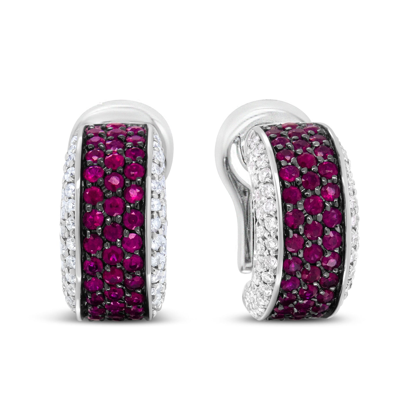 Pendientes de aro tipo Huggie de oro blanco de 18 quilates con baño de rodio negro, diamantes redondos de 3/4 Cttw y rubíes rojos redondos de 1 mm (color F-G, claridad VS1-VS2)