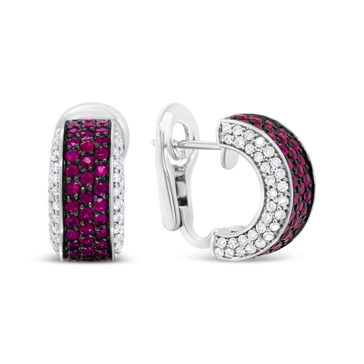 Pendientes de aro tipo Huggie de oro blanco de 18 quilates con baño de rodio negro, diamantes redondos de 3/4 Cttw y rubíes rojos redondos de 1 mm (color F-G, claridad VS1-VS2)