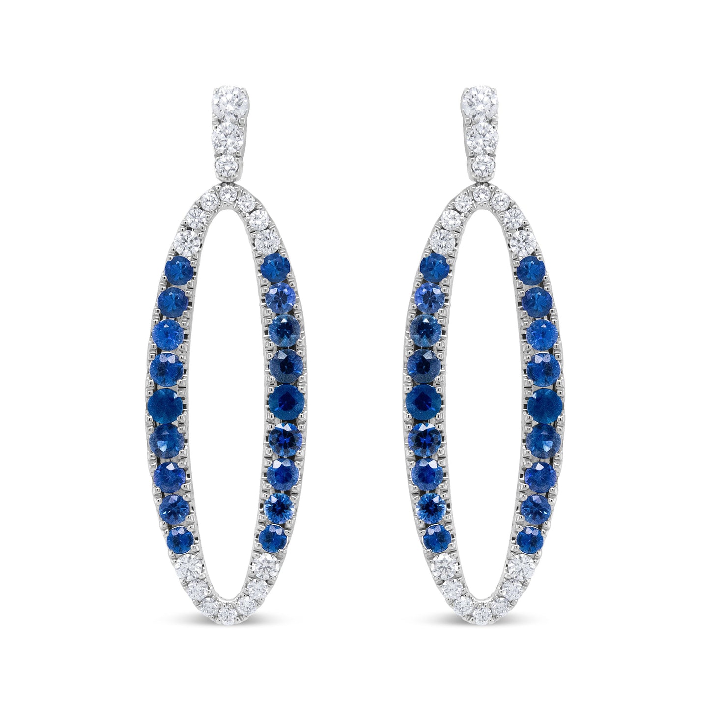 Pendientes Colgantes Ovalados Calados de Oro Blanco de 18K con Diamantes Azules Redondos de 1.11 Cttw y Zafiros Azules (Color F-G, Claridad VS1-VS2)