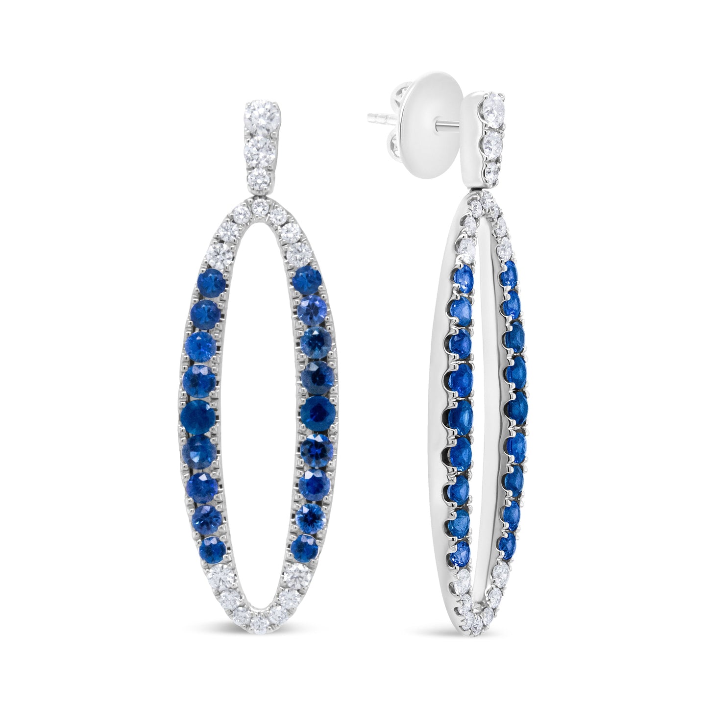 Pendientes Colgantes Ovalados Calados de Oro Blanco de 18K con Diamantes Azules Redondos de 1.11 Cttw y Zafiros Azules (Color F-G, Claridad VS1-VS2)