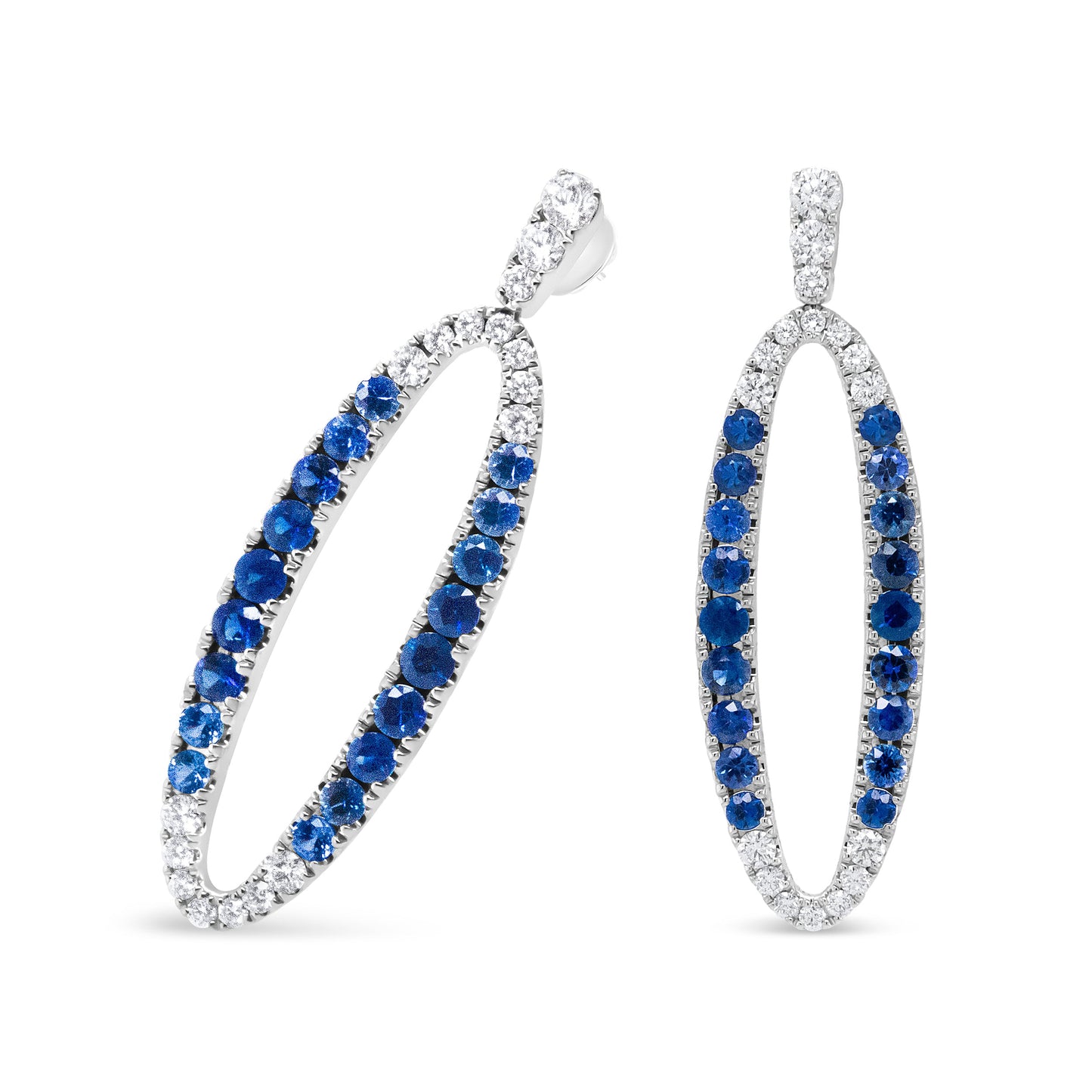 Pendientes Colgantes Ovalados Calados de Oro Blanco de 18K con Diamantes Azules Redondos de 1.11 Cttw y Zafiros Azules (Color F-G, Claridad VS1-VS2)