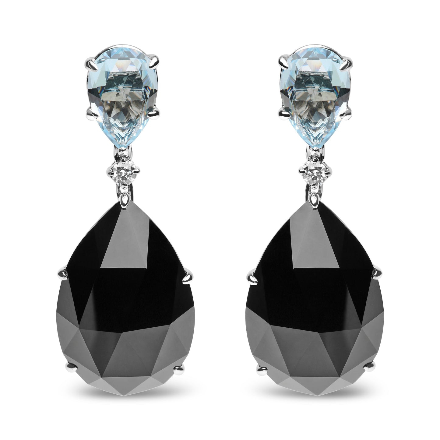 Pendientes colgantes de oro blanco de 18 quilates con diamante de 1/5 Cttw, topacio azul cielo talla pera y ónix negro talla pera (color G-H, claridad SI1-SI2)