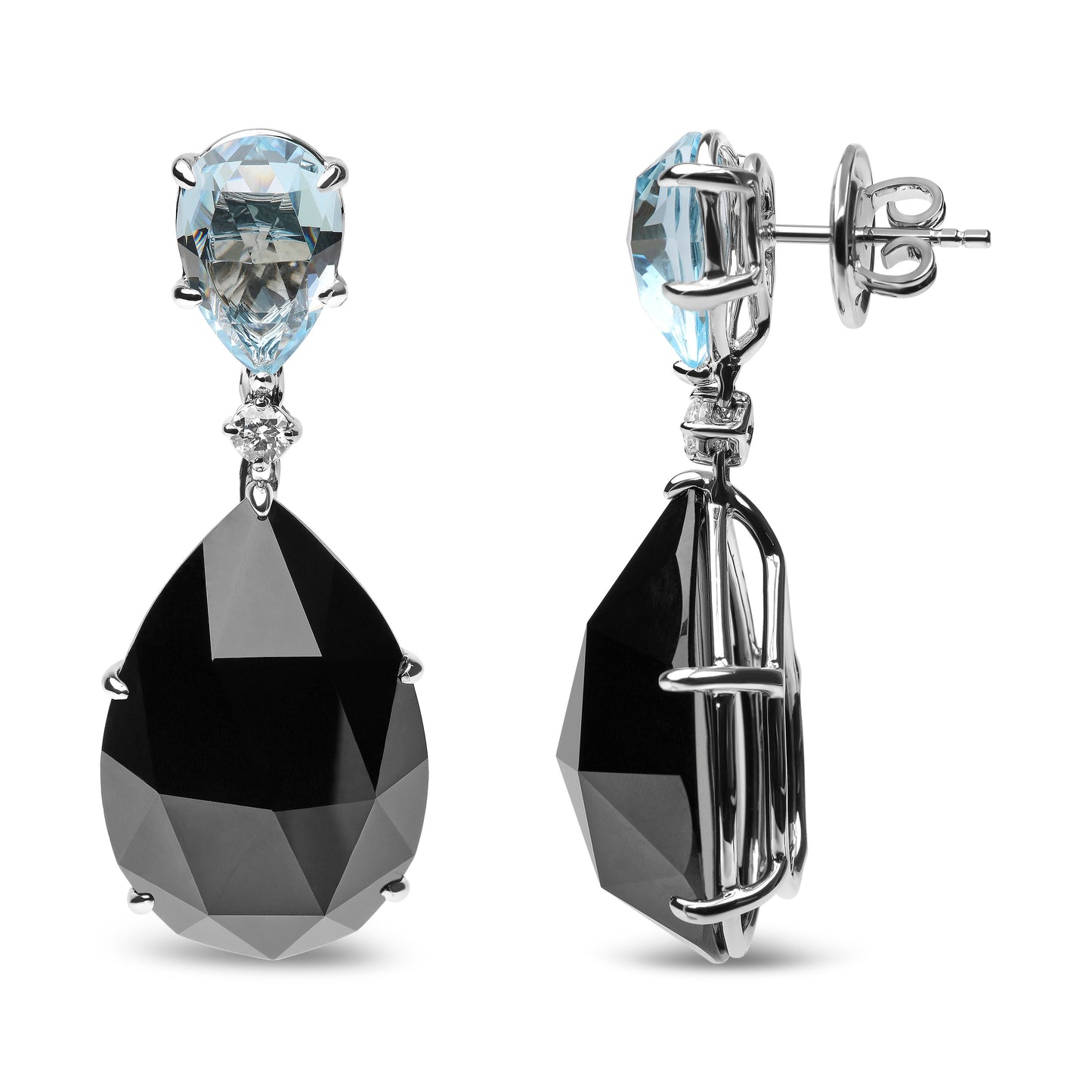 Pendientes colgantes de oro blanco de 18 quilates con diamante de 1/5 Cttw, topacio azul cielo talla pera y ónix negro talla pera (color G-H, claridad SI1-SI2)