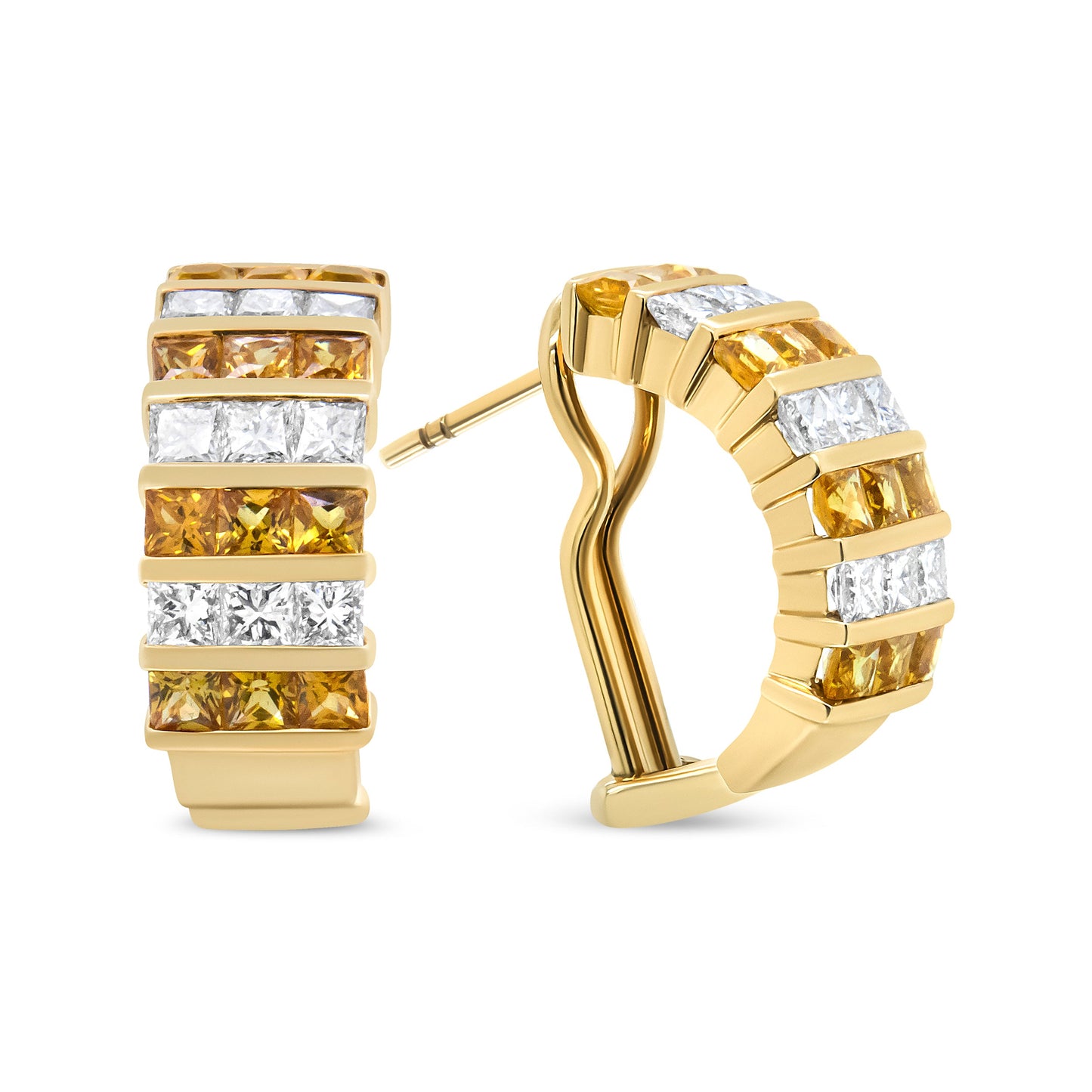 Pendientes de aro tipo Huggie de oro amarillo de 18 quilates con diamantes de talla princesa de 1 3/4 Cttw con engaste invisible y zafiros amarillos de 2,5 mm (color F-G, claridad VS1-VS2)