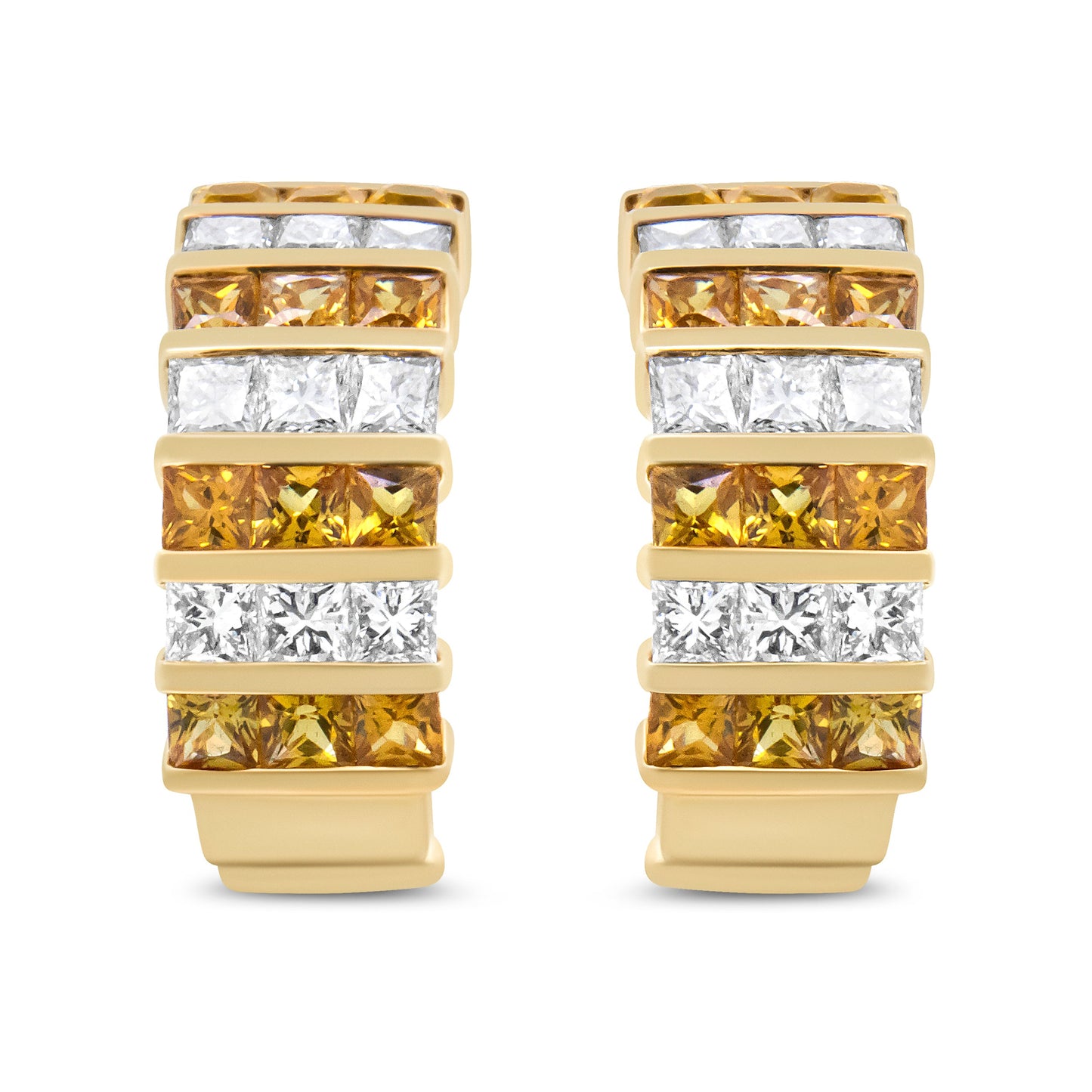 Pendientes de aro tipo Huggie de oro amarillo de 18 quilates con diamantes de talla princesa de 1 3/4 Cttw con engaste invisible y zafiros amarillos de 2,5 mm (color F-G, claridad VS1-VS2)