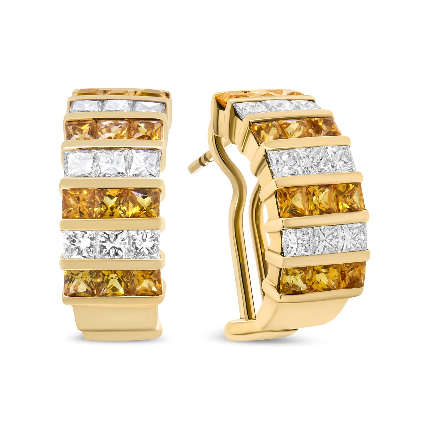 Pendientes de aro tipo Huggie de oro amarillo de 18 quilates con diamantes de talla princesa de 1 3/4 Cttw con engaste invisible y zafiros amarillos de 2,5 mm (color F-G, claridad VS1-VS2)