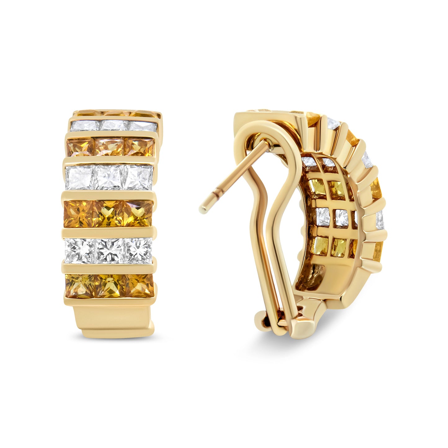 Pendientes de aro tipo Huggie de oro amarillo de 18 quilates con diamantes de talla princesa de 1 3/4 Cttw con engaste invisible y zafiros amarillos de 2,5 mm (color F-G, claridad VS1-VS2)