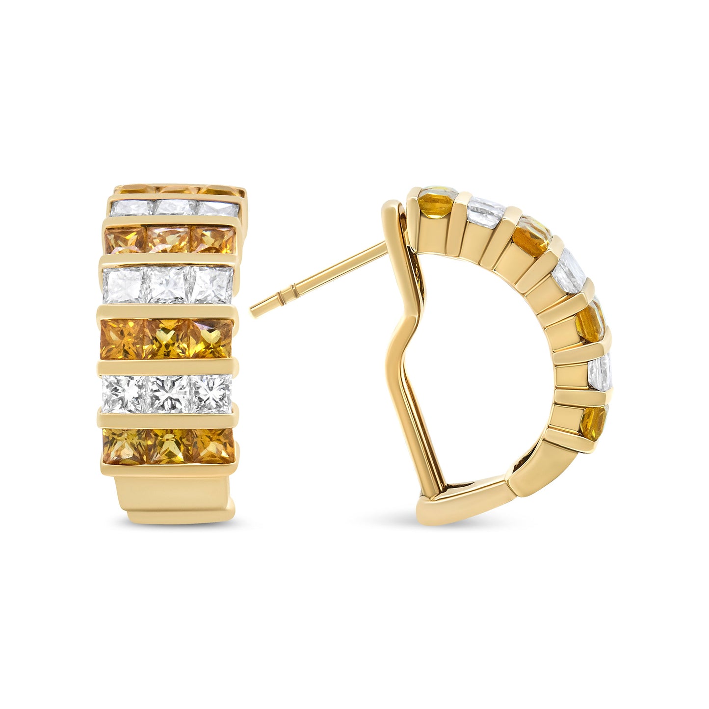 Pendientes de aro tipo Huggie de oro amarillo de 18 quilates con diamantes de talla princesa de 1 3/4 Cttw con engaste invisible y zafiros amarillos de 2,5 mm (color F-G, claridad VS1-VS2)