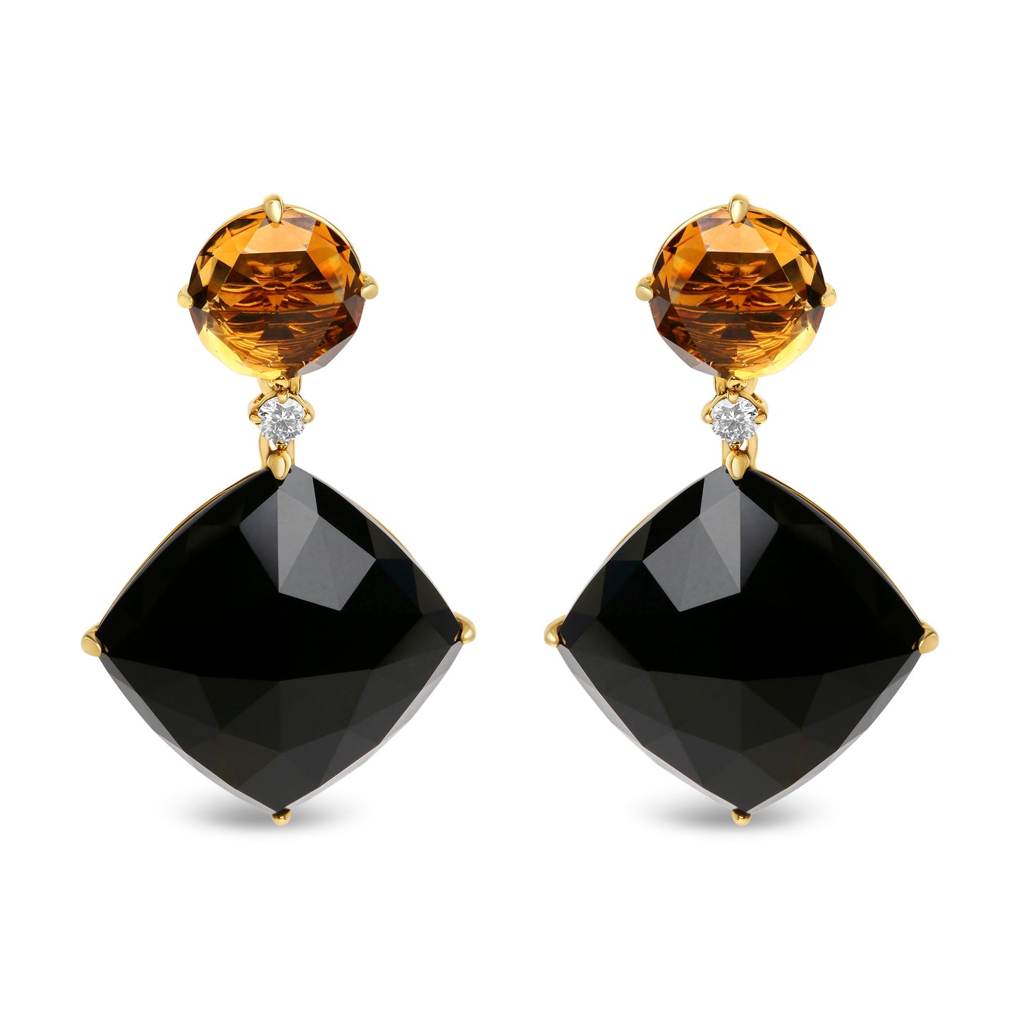 Pendientes colgantes de oro amarillo de 18 quilates con diamante de 1/5 Cttw, citrino amarillo redondo y ónix negro talla cojín (color G-H, claridad SI1-SI2)