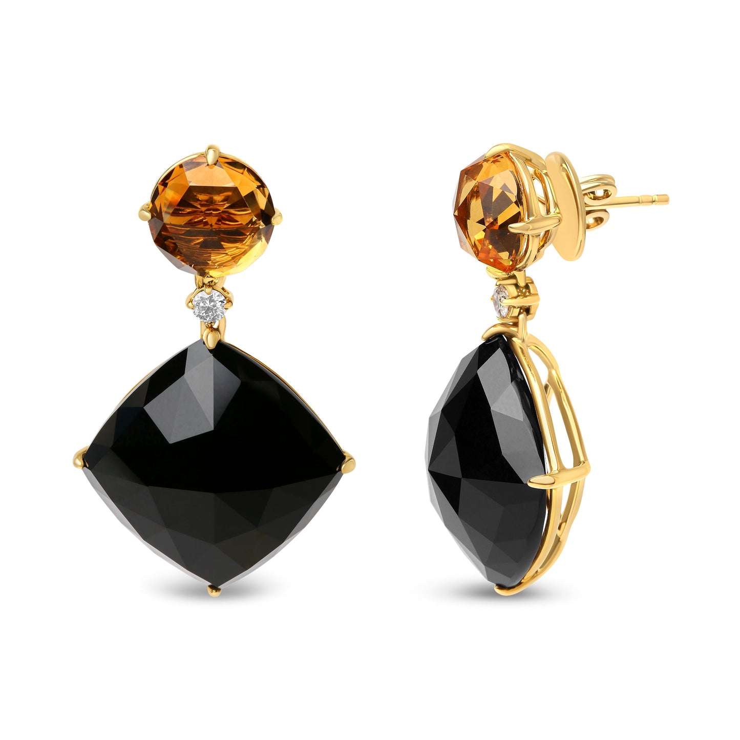 Pendientes colgantes de oro amarillo de 18 quilates con diamante de 1/5 Cttw, citrino amarillo redondo y ónix negro talla cojín (color G-H, claridad SI1-SI2)