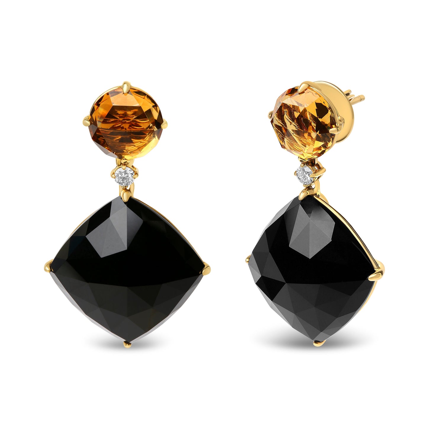 Pendientes colgantes de oro amarillo de 18 quilates con diamante de 1/5 Cttw, citrino amarillo redondo y ónix negro talla cojín (color G-H, claridad SI1-SI2)