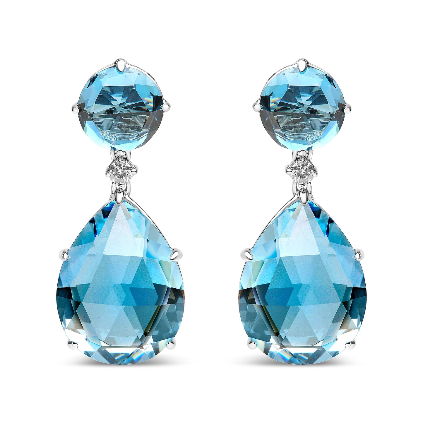 Pendientes colgantes de oro blanco de 18 quilates con diamante de 1/5 Cttw, topacio azul de Londres redondo y topacio azul cielo talla pera de 20 x 15 mm (color G-H, claridad SI1-SI2)
