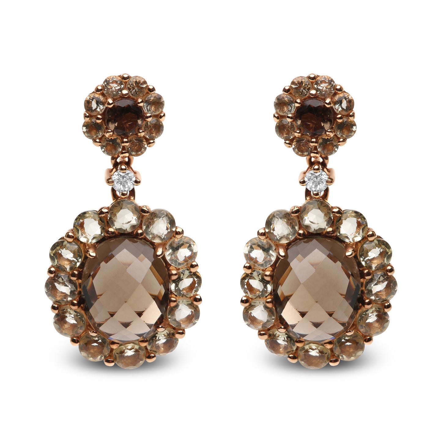 Pendientes colgantes de cuarzo de color limón y ahumado ovalado con acento de diamante de oro rosa de 18 quilates (color G-H, claridad SI1-SI2)