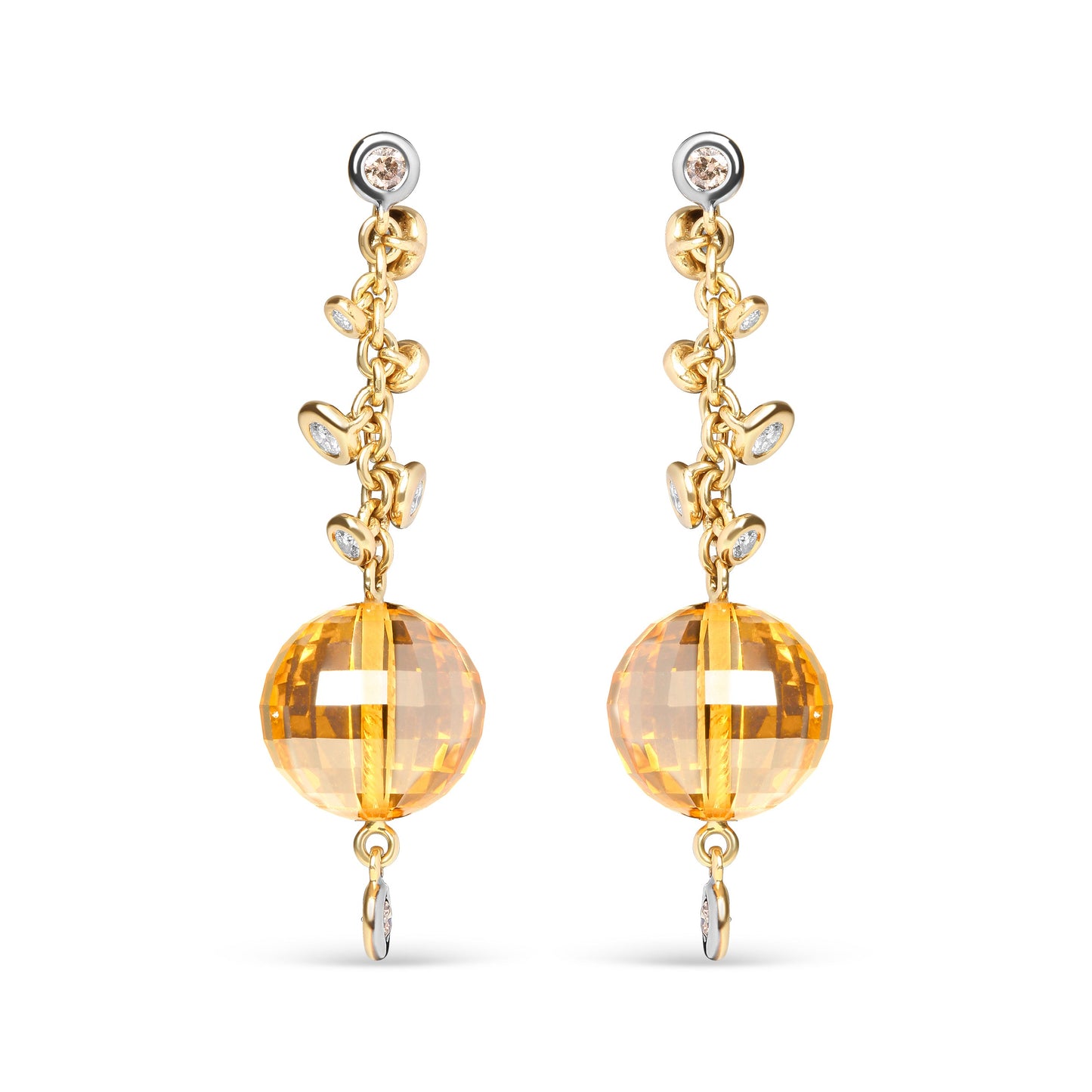 Pendientes colgantes de oro amarillo de 18 quilates con diamante redondo de 0,66 quilates engastado en bisel y citrino amarillo en forma de esfera de 25 mm (color marrón y G-H, claridad SI1-SI2)