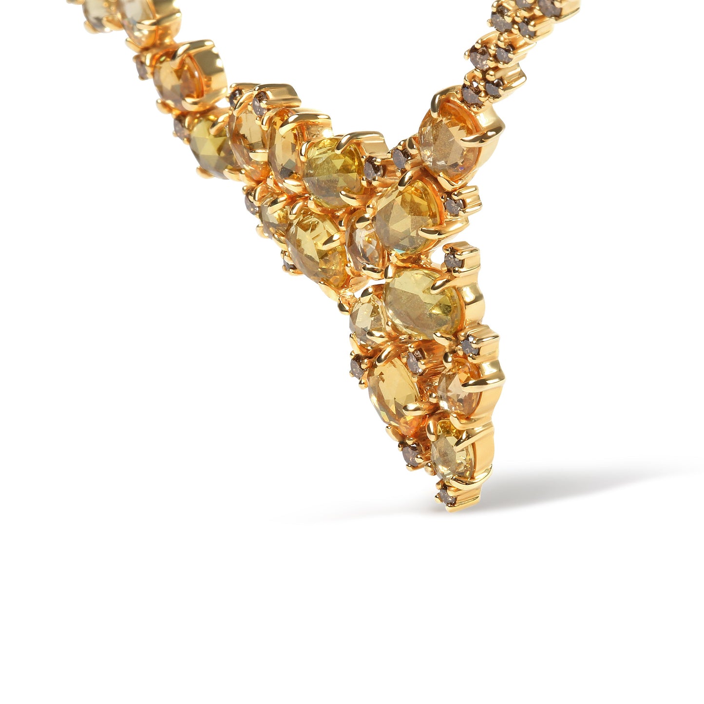 Collar de estación en cascada de zafiros amarillos ovalados de varios tamaños y diamantes marrones de 1/2 Cttw en oro amarillo de 18K (Color marrón, Claridad SI1-SI2) - Ajustable de 14" a 16"