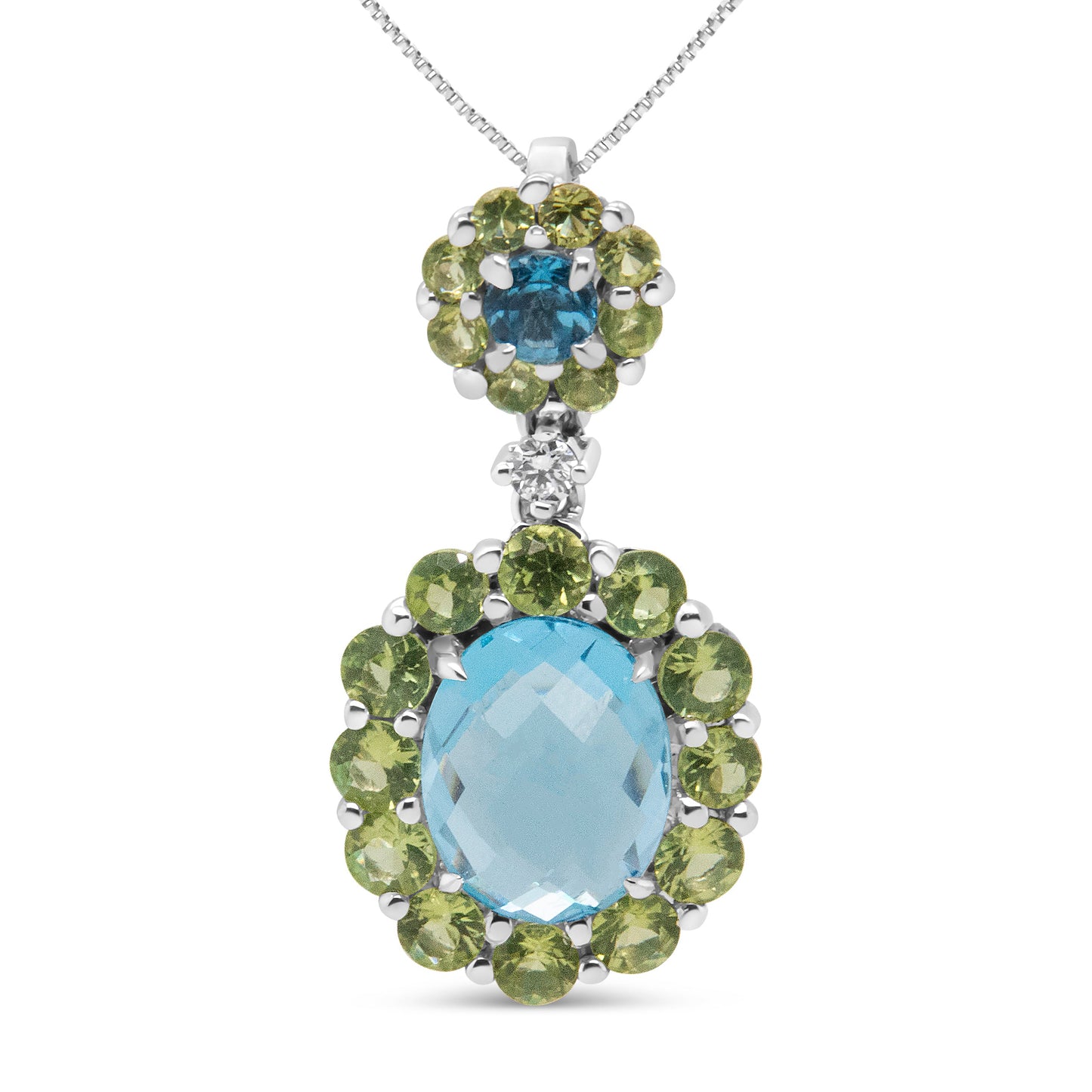 Collar con colgante de oro blanco de 18k con halo de diamantes redondos de 0.05 Cttw, topacio azul y peridoto verde de 45.72 cm (color F-G, claridad VS1-VS2)