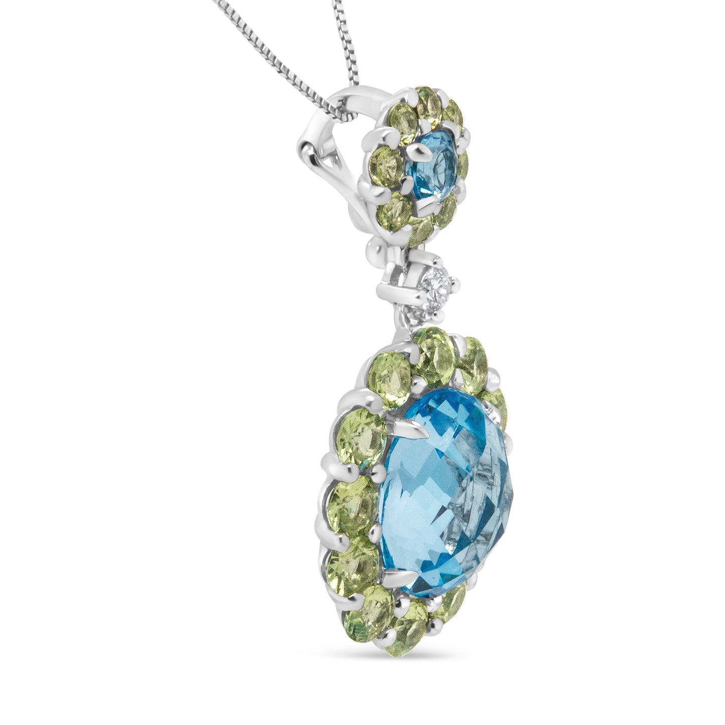 Collar con colgante de oro blanco de 18k con halo de diamantes redondos de 0.05 Cttw, topacio azul y peridoto verde de 45.72 cm (color F-G, claridad VS1-VS2)