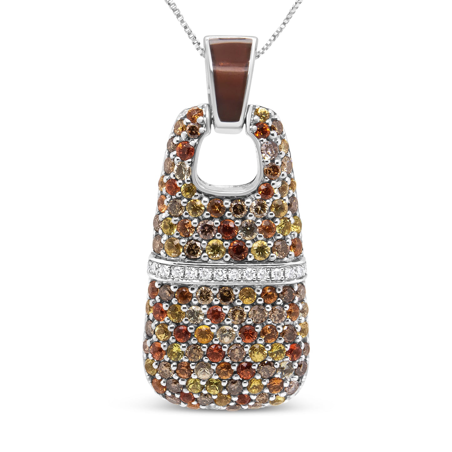Collar de plata de ley .925 con colgante de esmalte marrón, 1 quilate total de diamantes blancos y marrones y piedras preciosas de zafiro amarillas y naranjas de 1.5mm, 18" (Color marrón y F-G, Claridad VS1-VS2)