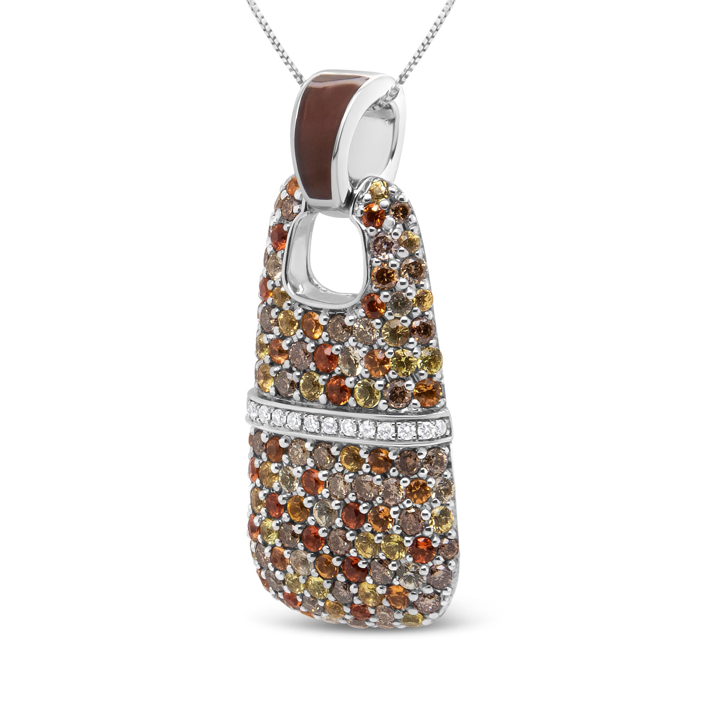 Collar de plata de ley .925 con colgante de esmalte marrón, 1 quilate total de diamantes blancos y marrones y piedras preciosas de zafiro amarillas y naranjas de 1.5mm, 18" (Color marrón y F-G, Claridad VS1-VS2)