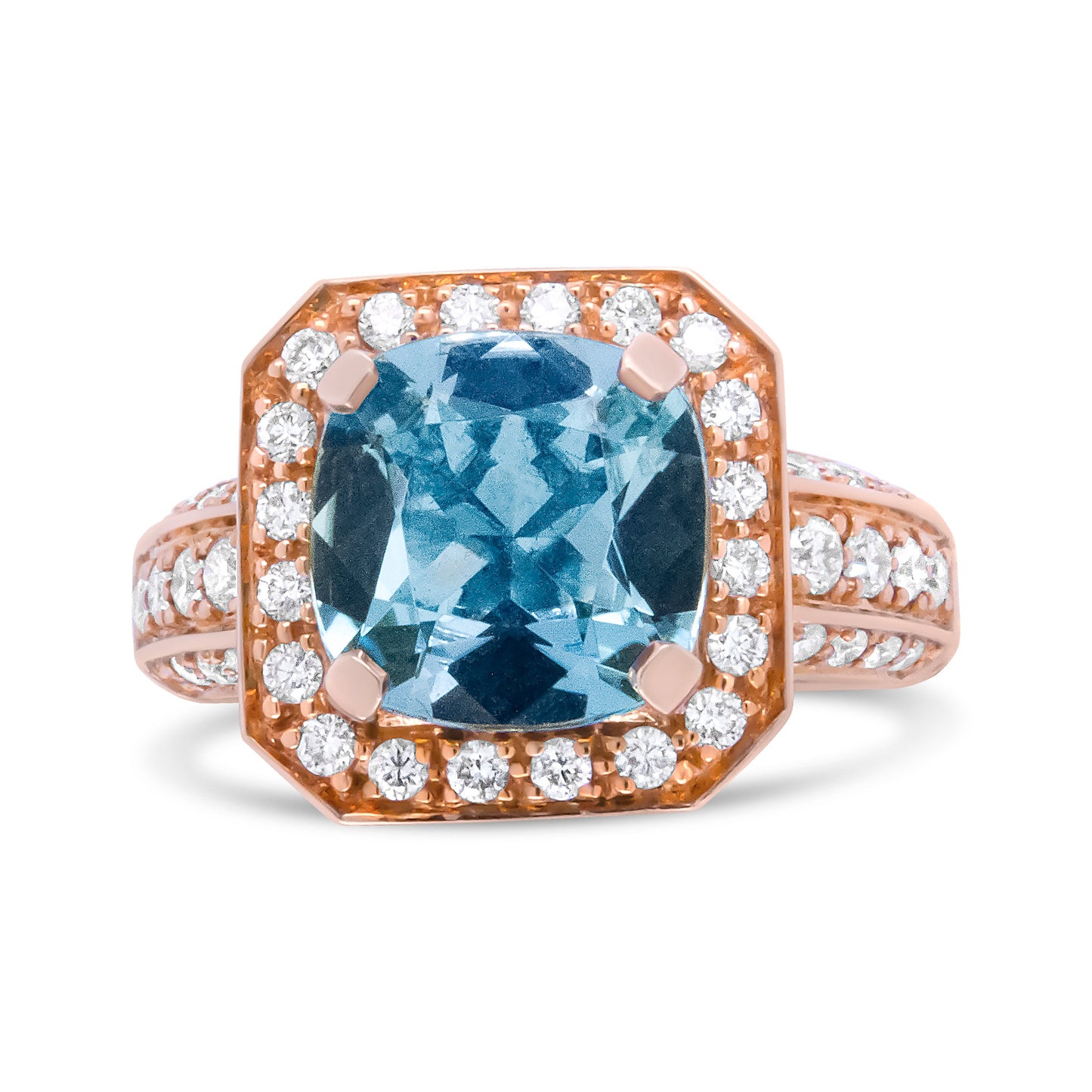 Anillo halo de oro rosa de 18K con aguamarina de talla cojín de 10x10 mm y diamantes redondos de 1 1/8 Cttw (color F-G, claridad VS1-VS2) - Talla de anillo 6.5