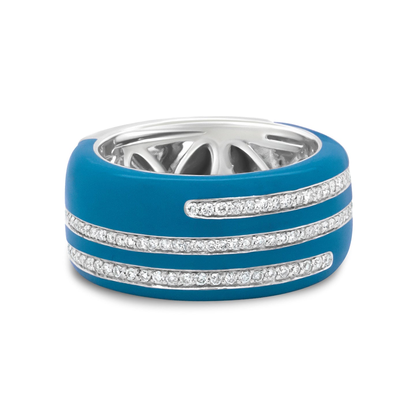 Anillo ancho de plata de ley .925 con turquesa, esmalte y diamantes redondos de 5/8 Cttw (color F-G, claridad VS1-VS2) - Talla 7