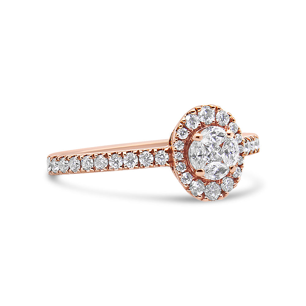 Anillo de compromiso con halo ovalado de diamantes tipo marquesa de oro rosa de 18 K y 1/2 CTW (color F-G, claridad VS1-VS2) - Talla 7
