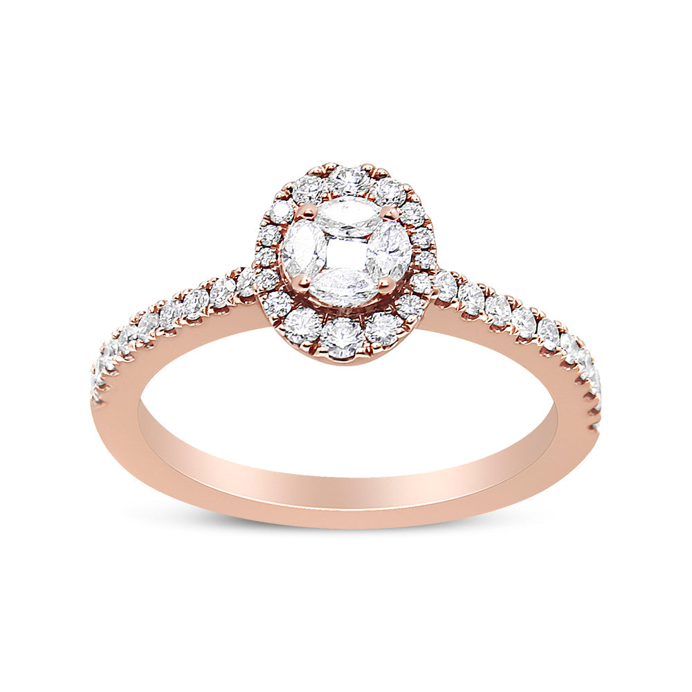 Anillo de compromiso con halo ovalado de diamantes tipo marquesa de oro rosa de 18 K y 1/2 CTW (color F-G, claridad VS1-VS2) - Talla 7