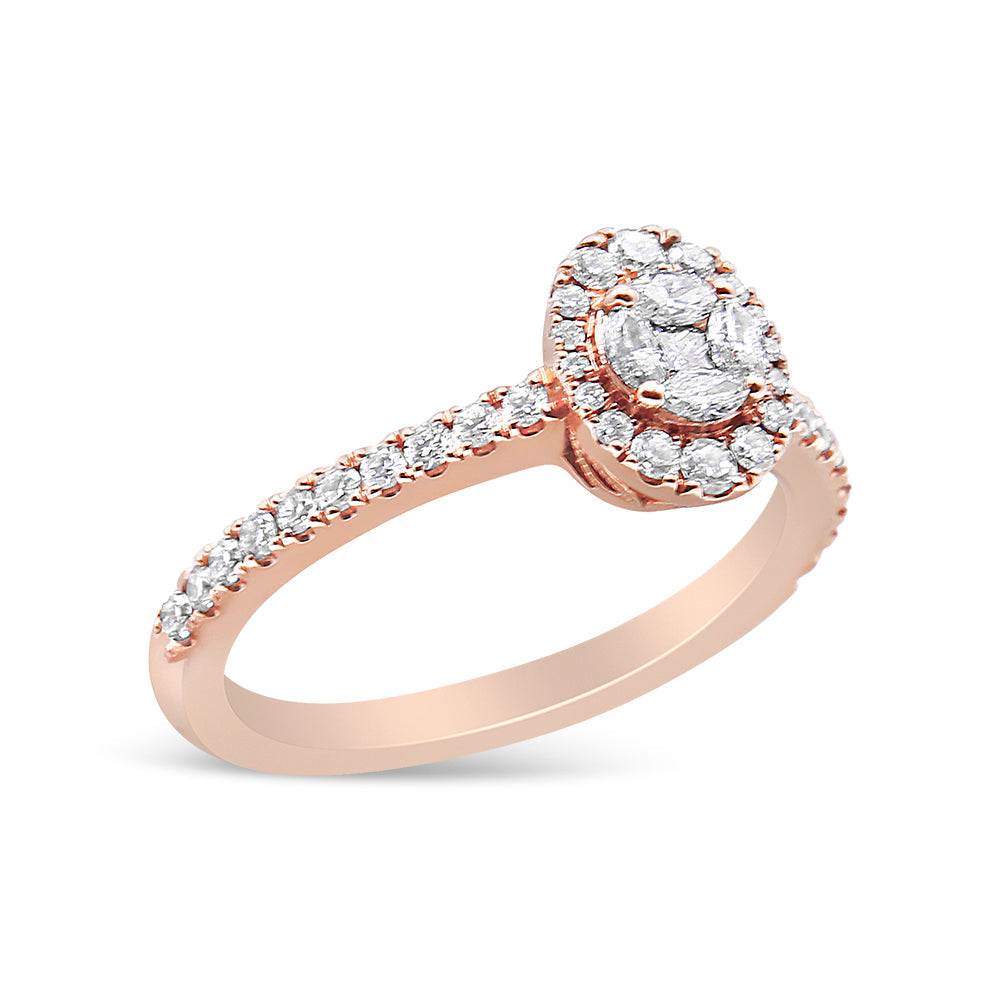 Anillo de compromiso con halo ovalado de diamantes tipo marquesa de oro rosa de 18 K y 1/2 CTW (color F-G, claridad VS1-VS2) - Talla 7
