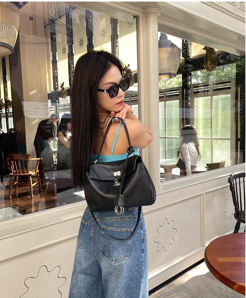 Rodeo Smooth Calfskin Tote Bag | Medium Horizontal Square Crossbody Satchel | Lazy Style Pure Color Leather Handbag Luxegan