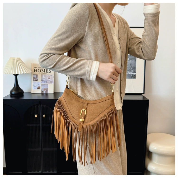 American Vintage Deerskin Tassel Bag | Women's Summer New Maillard Saddle Bag | Ethnic Style Soft Suede Shoulder Messenger Bag (Medium) Luxegan