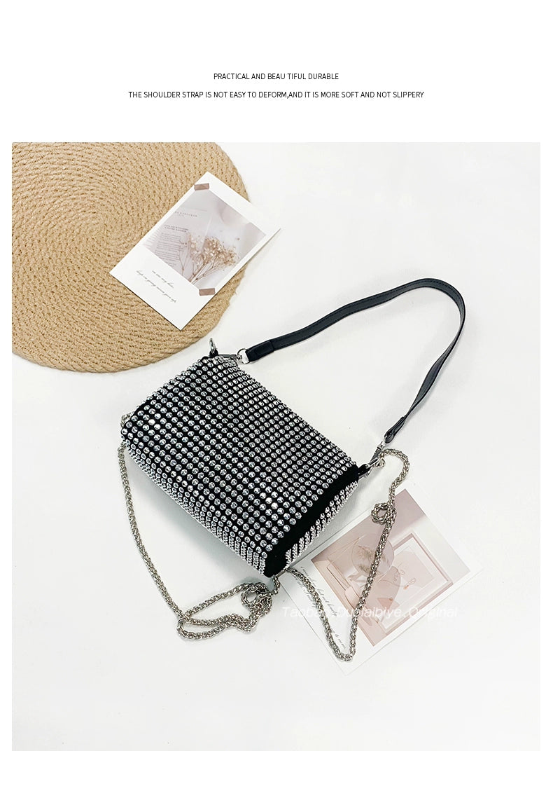 New Arrival Trendy Rhinestone Small Square Bag | Full Diamond Underarm Bag & Women's Chain Shoulder Crossbody Small Handbag (Japanese & Korean Style) Luxegan
