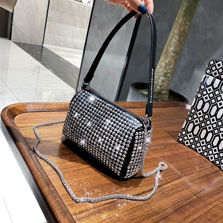 New Arrival Trendy Rhinestone Small Square Bag | Full Diamond Underarm Bag & Diamond-Embedded Women's Shoulder Crossbody Small Handbag Luxegan