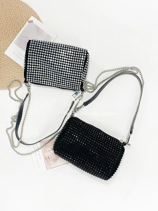 New Arrival Trendy Rhinestone Small Square Bag | Full Diamond Underarm Bag & Women's Chain Shoulder Crossbody Small Handbag (Japanese & Korean Style) Luxegan