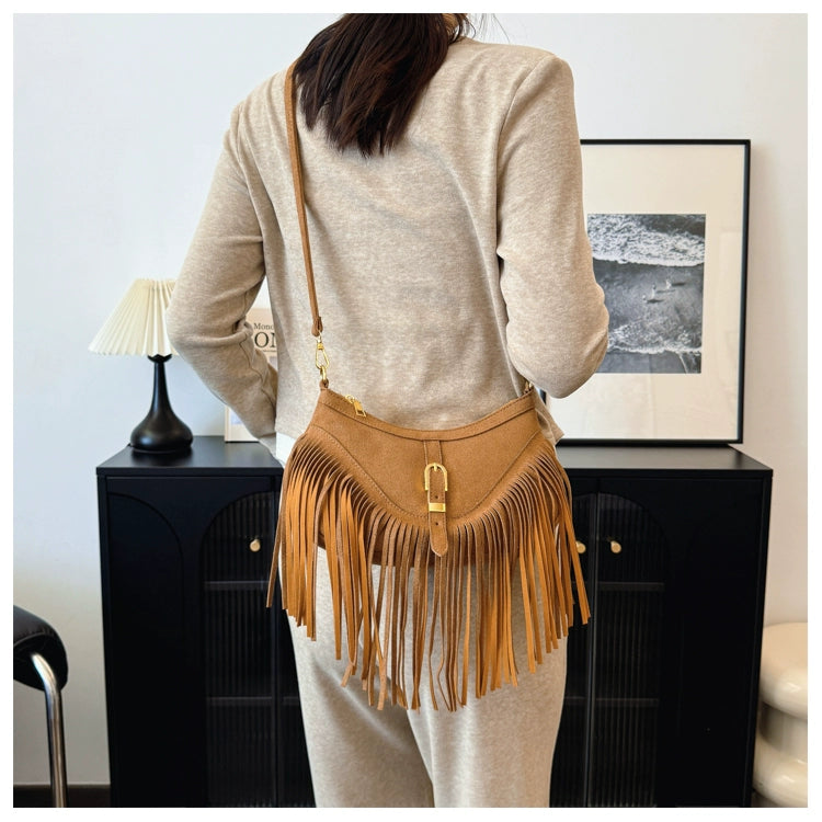 American Vintage Deerskin Tassel Bag | Women's Summer New Maillard Saddle Bag | Ethnic Style Soft Suede Shoulder Messenger Bag (Medium) Luxegan