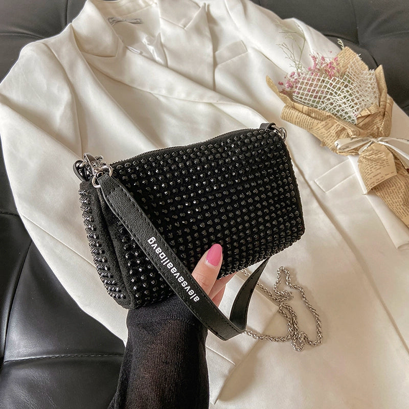 Rhinestone Square Pouch | Full Diamond Underarm Bag & Chain Shoulder Crossbody (Small Handbag, Japanese & Korean Style) Luxegan