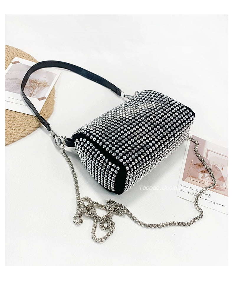 New Arrival Trendy Rhinestone Small Square Bag | Full Diamond Underarm Bag & Women's Chain Shoulder Crossbody Small Handbag (Japanese & Korean Style) Luxegan
