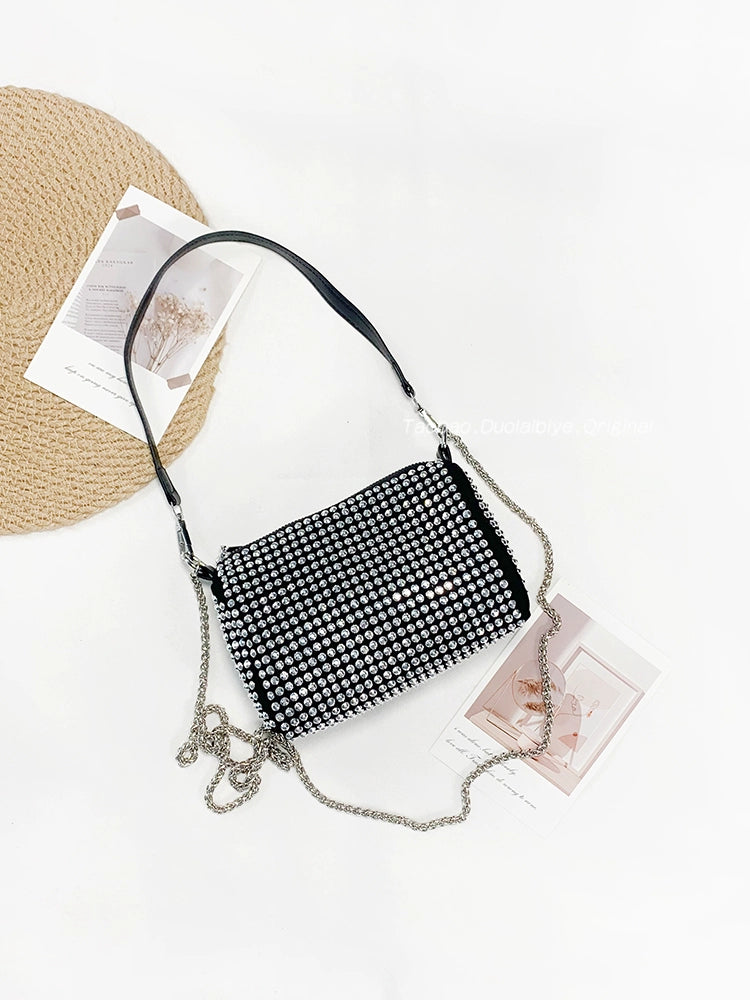 New Arrival Trendy Rhinestone Small Square Bag | Full Diamond Underarm Bag & Women's Chain Shoulder Crossbody Small Handbag (Japanese & Korean Style) Luxegan