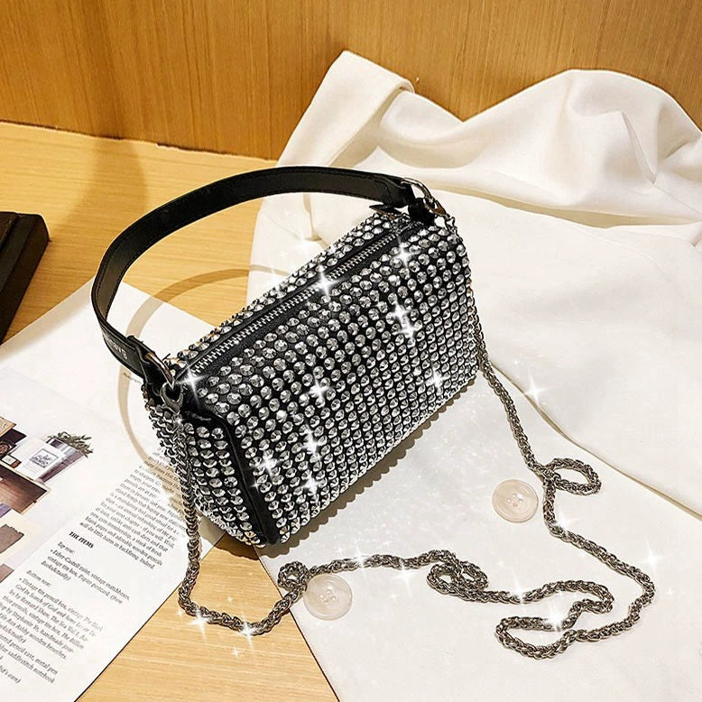 New Arrival Trendy Rhinestone Small Square Bag | Full Diamond Underarm Bag & Diamond-Embedded Women's Shoulder Crossbody Small Handbag Luxegan