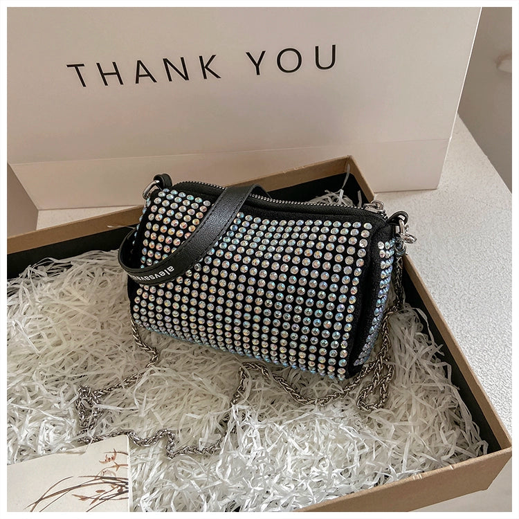 Rhinestone Square Pouch | Full Diamond Underarm Bag & Chain Shoulder Crossbody (Small Handbag, Japanese & Korean Style) Luxegan